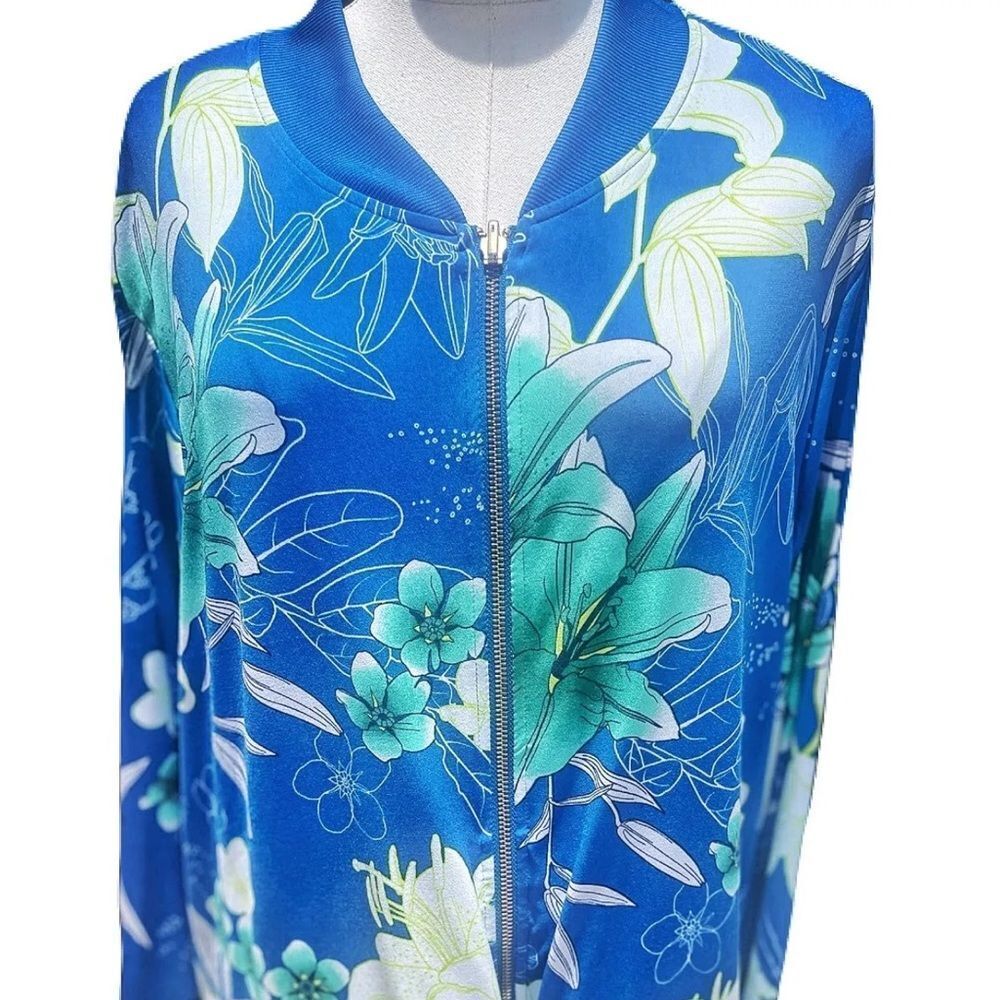 Bold Blue Floral Nylon Bomber Jacket Size XL